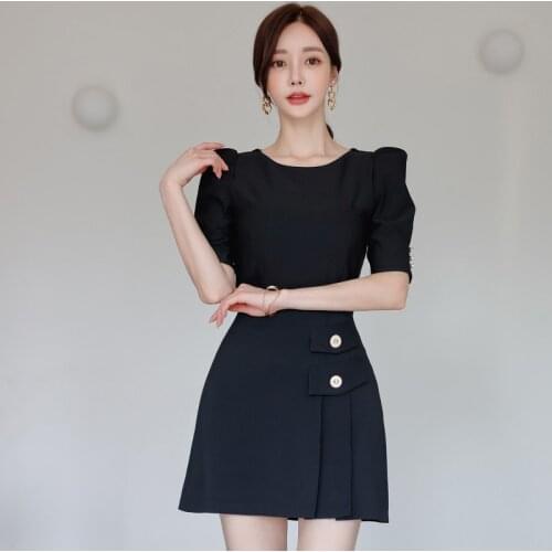 Vintage Puff Sleeve Top Casual Women Fashion Pleated High Waist Mini Skirt O-Neck Short Sleeve T-shirt Streetwear 2 Pieces Set