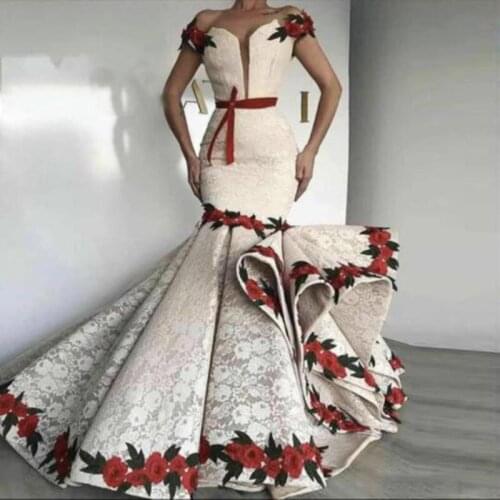Dubai African Prom Dresses Off Shoulder Appliques Lace Flowers Mermaid Evening Dress Asymmetrical Formal Party Gowns Vestidos