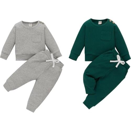 2 Pcs Newborn Baby Girls Boys Solid Color Pajamas, Baby Boys Long Sleeve Round Neck Pullover with Pocket + Tie-up Trousers