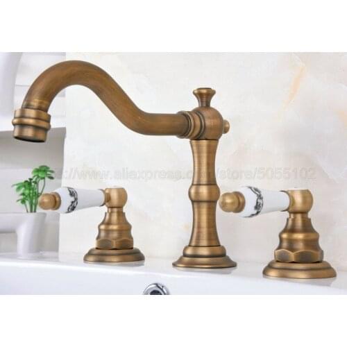 Antique Brass Widespread Bathroom Basin Faucet Dual Handle 3 Holes Basin Mixer Sink Taps Deck Mounted zan072