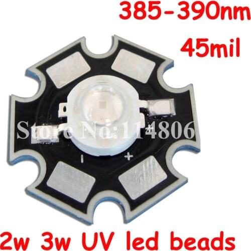 Free Shipping 1pcs 2W 3W UV/Purple Ultraviolet 385nm~390nm 45mil SMD LED Chip Light Beads Parts With 20mm Star Base Substrate