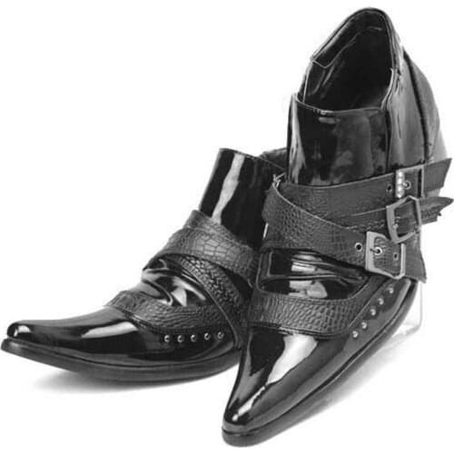 Batzuzhi Japanese Super Star boots men leather pointed toe rivets patent leather man boots casual black Botas, big size 45 46