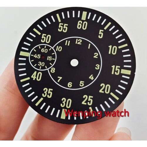 38.5mm Black dial green Luminous quality Watch Dial Fit eta 6497 sea gull st3600 hand winding movement p843