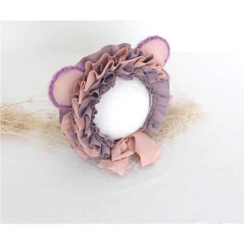 Baby Girl Photogrpahy Hat Lovely Bear Bonnet Handmade Ruffle Hat for Photography Shoot Newborn Pom Hat Infant Cap Birthday Gift