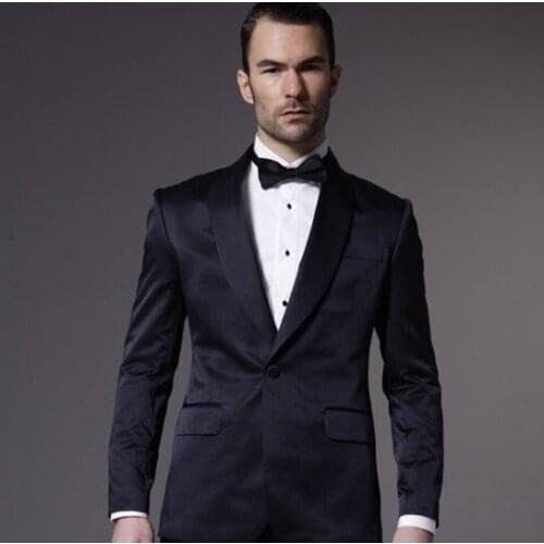 Custom Made Mens Suits Groomsmen Shawl Lapel Groom Tuxedos Navy Blue Wedding Best Man Suit (Jacket+Pants+Tie+Hankerchief) A6