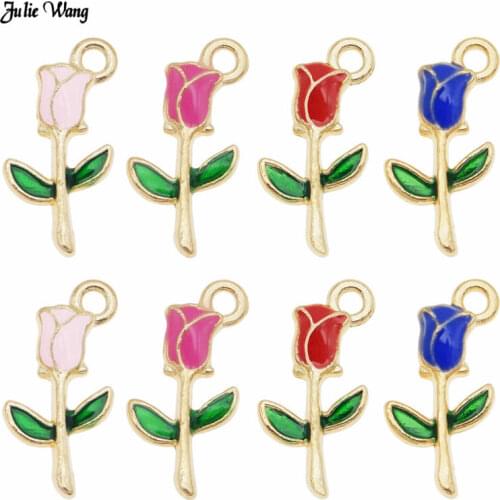 Julie Wang 8pcs Alloy Enamel Rose Flower Charm Pink Blue Red For Necklace Earrings Pendant Keychain Jewelry DIY Findings