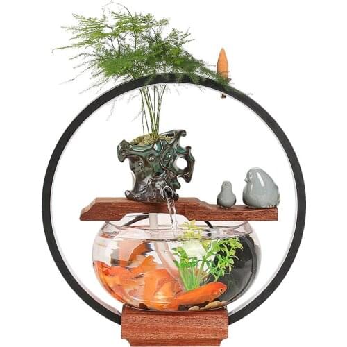 Chinese Circulation Flowing Water Ornaments Fortune Creative Glass Small Fish Tank Room Table Decorations Ornaments