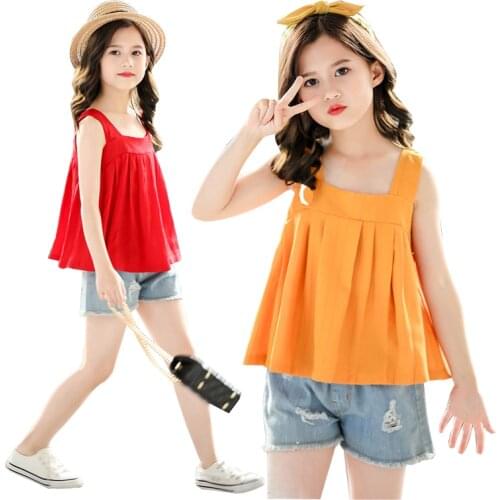 Teen Girls Clothing Set Summer Kids Girl Sleeveless Tops Short Jeans Suits 2Pcs Children Clothes Casual Tracksuit 10 12 14 Years