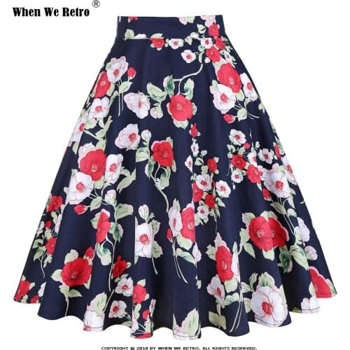 When We Retro Floral Print Summer Skirt Fashion Women Navy Blue A Line High Waist Retro Swing Vintage Skirt Plus Size VD0020