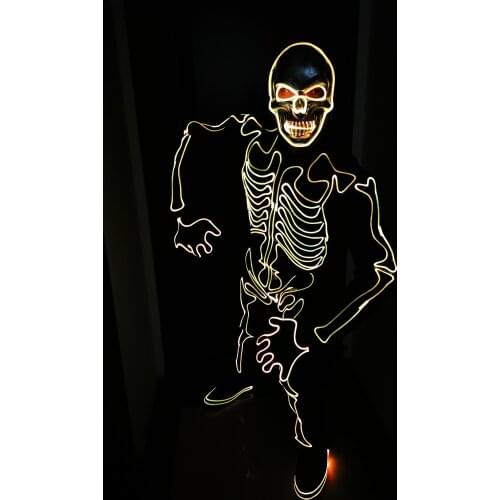 Halloween Mask LED Skeleton costume suit light up jumpsuit Cosplay glowing dress adults male Fiber optical robot outfit DJ party