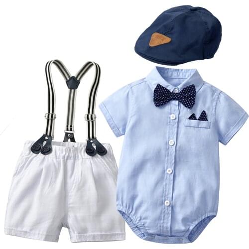 Newborn Clothes 5 Pieces/Set Baby Boy Summer Suit Sky Blue Rompers + Hat + White Shorts Little Gentleman Clothing Sets for 24 M