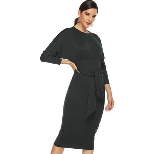 Autumn and Winter New Hot Style Bag Hip Skirt Fashion Round Neck Solid Color Tie Waist Office Basic Dress