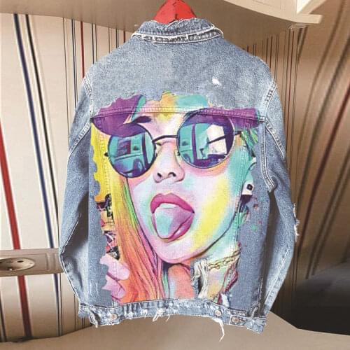 Autumn European and American Style New Ladies Jacket Fashion Casual Loose Hole Long-sleeved Head Print Woman Denim Coat WP45
