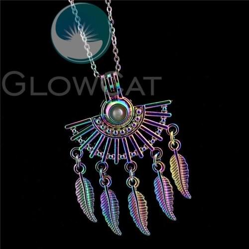 Simple Rainbow Filigree Sector Tassel Perfume Diffuser Beads Pearl Cage Locket Pendant Necklace R-C1048