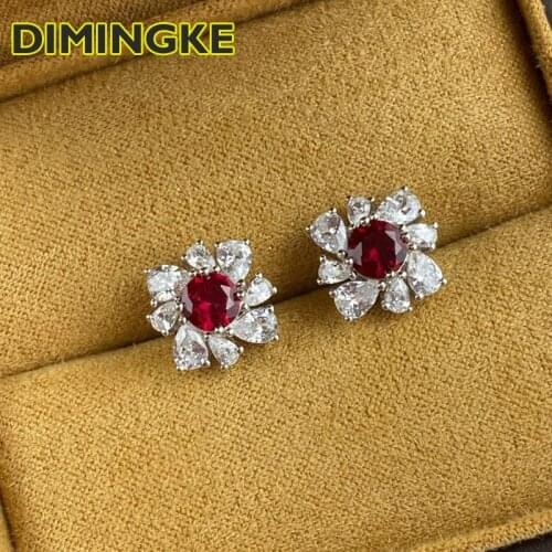 DIMINGKE 4*4 Natural Ruby Stud Earrings 100%-S925 Sterling Silver High Jewelry Wedding Anniversary Party Gift