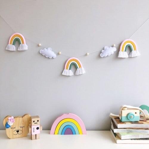 Nordic Wooden Beads Garland with Felt Cloud Knitting Wool Rainbow Tassel Pendant Hanging Ornament Photo Shooting Props