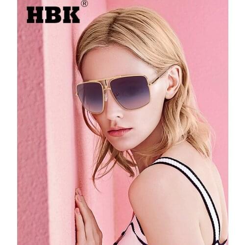 HBK 2021 New Arrivals Square Big Frame Sunglasses Gold Metal Driving Goggles Men Women Fashion Blue Lens For Male UV400