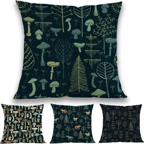 Dark Background Cartoon Magic Forest Mushroom Small Animals Print Throw Pillow Case Home Sofa Decorative Cushion Cover 45x45cm
