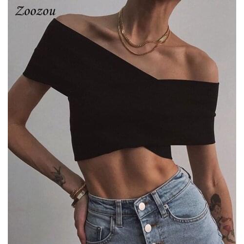Women Sexy Off Shoulder Wrap Top Black White Self Tie Backless Crop Tops Short Sleeve Slim Backless Mini Tank Tees Tops