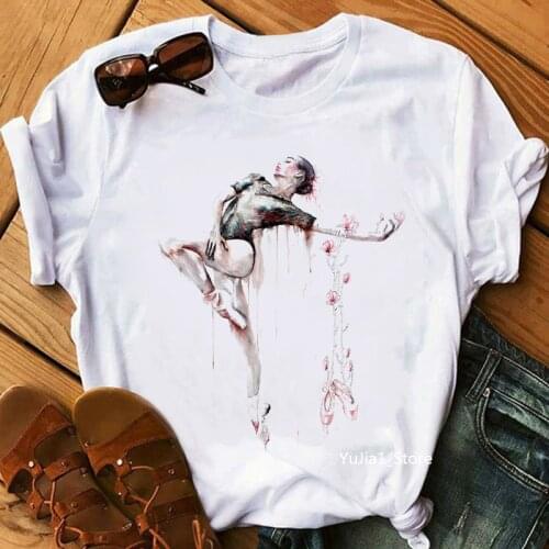 Vintage WomenS T-Shirt Watercolor Ballerina Dancer Print Tshirt Femme Aesthetic Clothes Summer Fashion Short Sleeve T Shirt