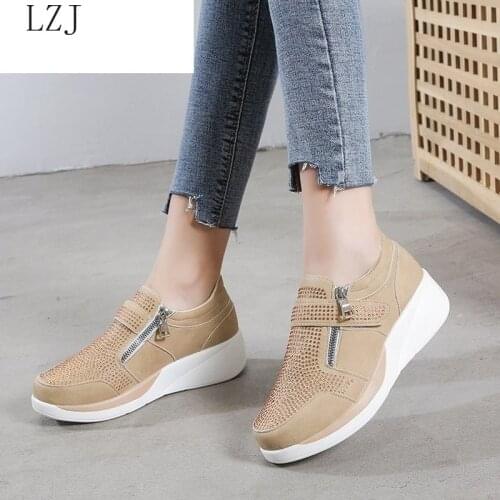 2021 Fashion Crystal Wedge Platform Women Shoes Zip Women Vulcanized Sneaker Women Hook Loop Ladies Casual Woman Comfort Shoes
