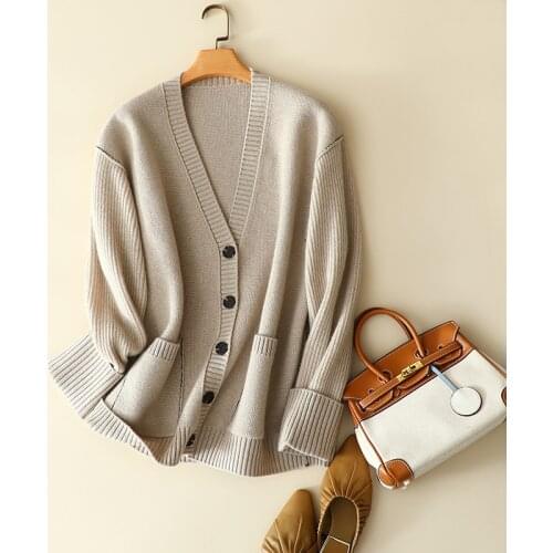 2020 winter new arrival 100% cashmere cardigan women v neck long sleeve vintage style oversized thick outerwear knitted sweater