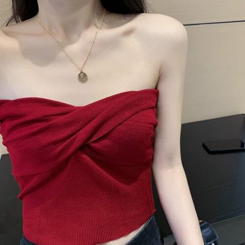 Girls Knitted Crossed Tube Tops Womens Sexy Casual Buttons Wrap Tubes Bandeau Short Strapless Tank Crop Top For Female