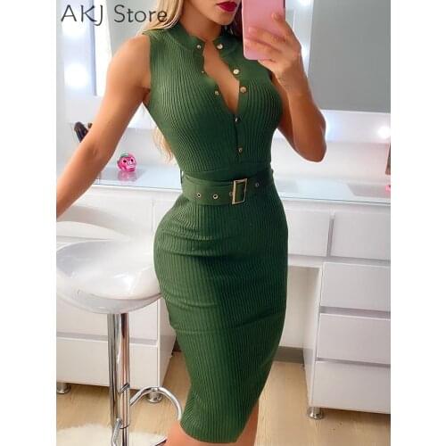 Women Knit Sleeveless Button Design Skinny Dress With Belt