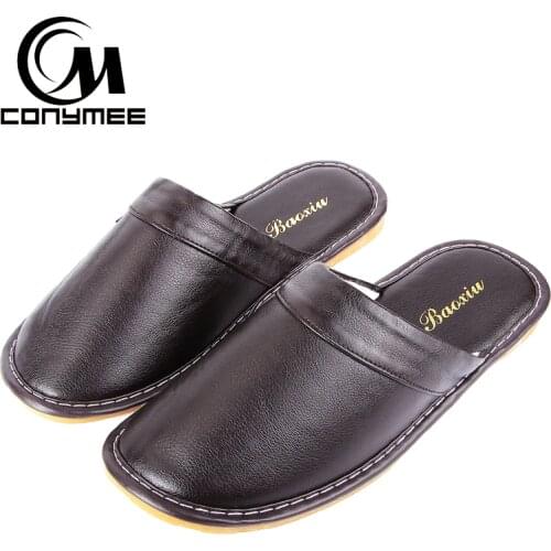 CONYMEE Winter Slippers 2018 Men Leather Shoes Casual Sneakers For Home Indoor Slipper Pantufas Non-slip Male Soft Floor Terlik