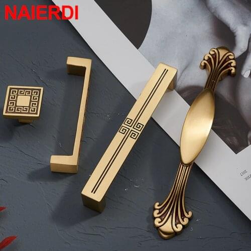 NAIERDI Gold Pure Copper Kitchen Cabinet Handles Cupboard Door Pulls Drawer Knobs European Vintage Brass Furniture Handle