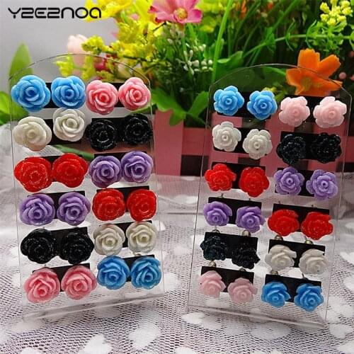 12 Pair Earring Pack Jewelry Mixed Lots Resin Rose Flower Stud Earrings Fluorescent Colors Of Roses Earrings For Women Gift