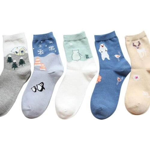 5Pairs Women Short Sock Cute Christmas Cartoon Pattern Deer Penguin Women Funny Socks Autumn Winter Comfortable Cotton Sock Meia