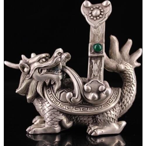5"Tibet Buddhism Temple Old Bronze Gilt silver Gem Ruyi Dragon Turtle Statue Dragon head turtle body Everything goes well