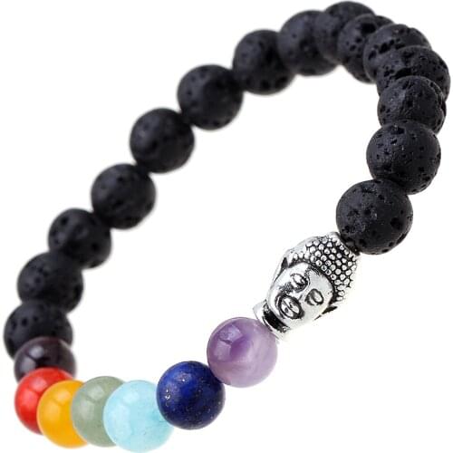 Chakras Lava Rock Beads Black Stone Bracelet Reiki Buddha Bracelet