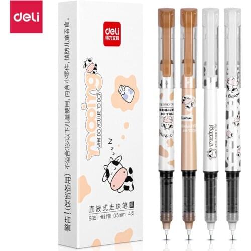Deli Cute Pens 4 Pcs 0.5mm Roller Gel Pen Large Capacity Black Ink Straight Liquid Rollerball Pen for School Office Stationery