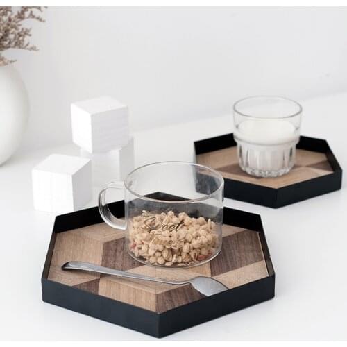 Simple Art Wooden Hexagon Storage Tray Fruit Tea Cup Food Jewelry Home Storage Box Modern Household Storage Tray Home Decoration