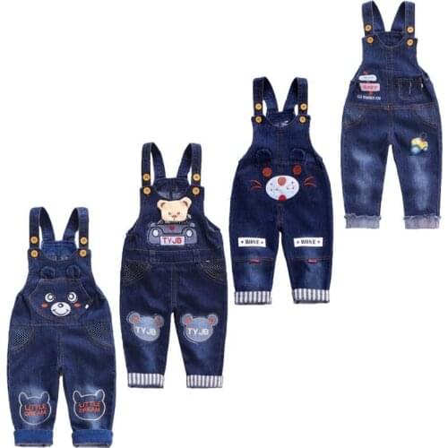 Infant jeans 0-3T little kids cartoon cute suspenders toldder causal denim trousers spring autumn baby boys girls warm pants