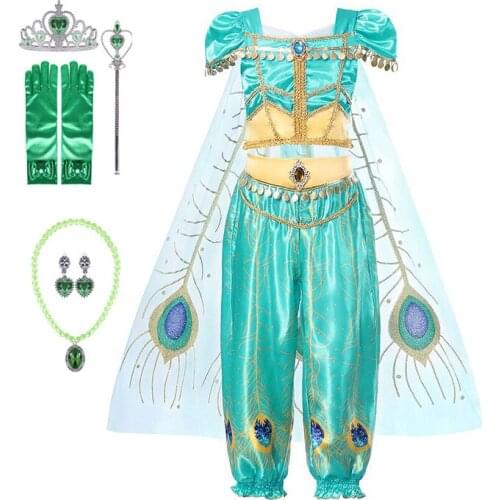 Feverbary Kids Jasmine Dress Girls Carnival Halloween Party Costume Children Aladdin Blue Green Princess Fancy Cosplay Outfit
