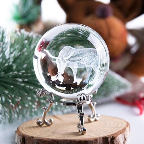 H&D 3D Laser Engraving Wall Street Bull Art Decor 60mm Crystal Ball Figurine Statue With Free Base Fengshui Animal Ornament