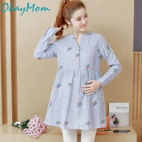 Maxi Loose Emboridery Maternity Blouse Shirt Dresses Pregnancy Tops Tees Clothing Blue Long Sleeve OL Dress Clothes For Pregnant