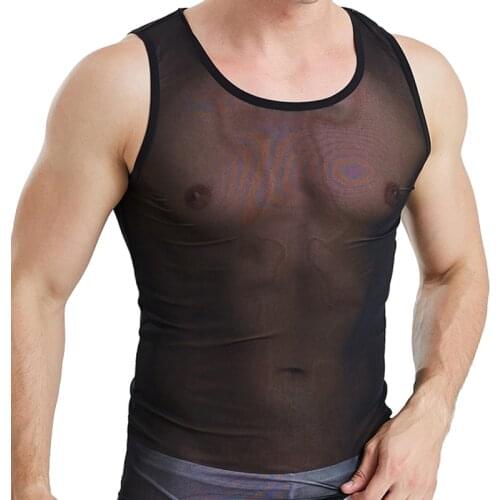 Sexy Men Tank Tops Transparent Mesh Sleepwear See Through Nightwear Sleeveless Tops Tees Sexy Underwear Male Black White Vest