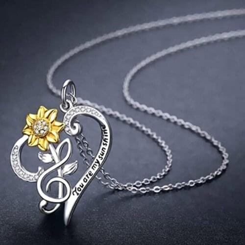 Fashion White Gold Color Love Heart Pendant Necklace Jewelry Retro Sunflower Necklace Women You Are My Sunshine Necklaces