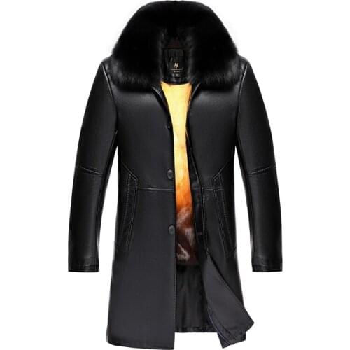 New Mens Leather Jacket Winter Warm Fur Liner Fox Collar Fashion Jackets Men Business Jacket for Men, Big Size M-4XL