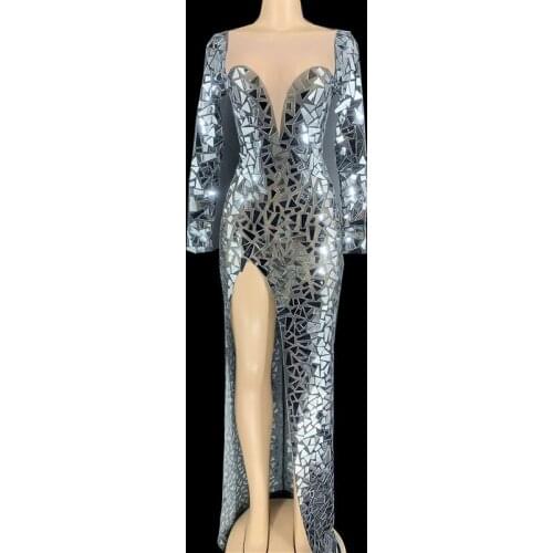 2020 New Sparkly Silver Mirror Transparent Long Dress Birthday Celebrate Outfit Prom Party Dress Bar Women Dance Dress