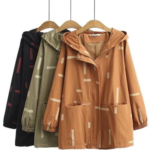 2021 New Spring Autumn Middle-aged Female Cotton Trench Coat Plus Size Loose Windbreaker Hooded Printed Casual Tops Women KW507