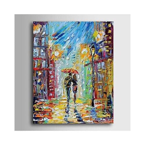 Handpainted Canvas Painting-Walking In The Rain-Landscape Oil Painting Wall Art-Modern Canvas Art Wall Decor