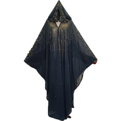 Plus Size African Dresses For Women Dashiki Diamond Beads Clothes Abaya Dubai Robe Long Muslim Dress Hooded Cape Afrika Kleidung