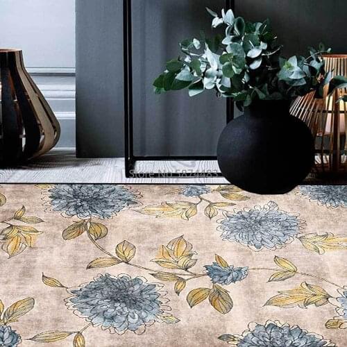 Retro Pastoral Abstract Blue Yellow Chrysanthemum Flower Leaf Living Room Bedroom Bedside Carpet Floor Mat Customization
