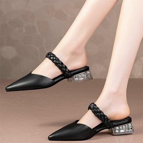 Summer Outdoor Oxfords Shoes Women Genuine Leather Pointed Toe Slippers Female Wedding Party Chunky Low Heels Mules Casual Shoes