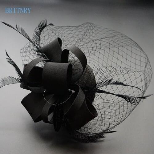 BRITNRY Hot Sale Black Wedding Hat Elegant Birdcage Veil Feathers High Quality Bride Hat For Wedding Party